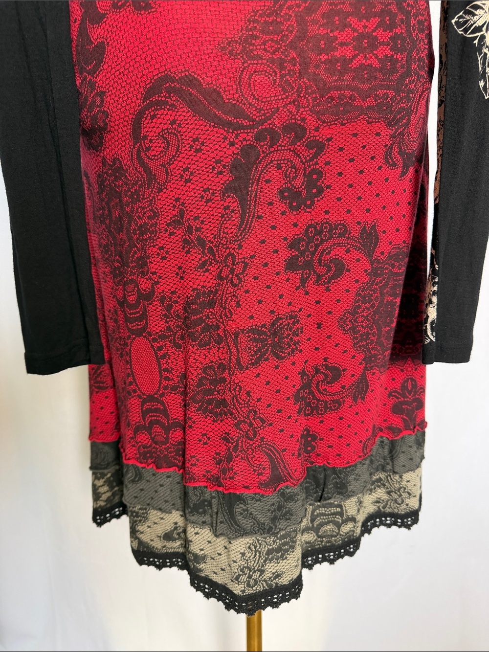Desigual Lanoria Long Sleeve Midi Dress Size L Black Red Lace Detail Whimsigoth - Picture 8 of 15